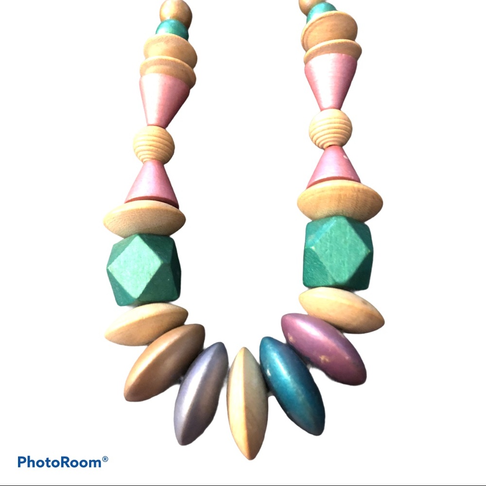 Vintage 80s Grandmacore Wood Shape Pastel Necklace‎ - Picture 3 of 5